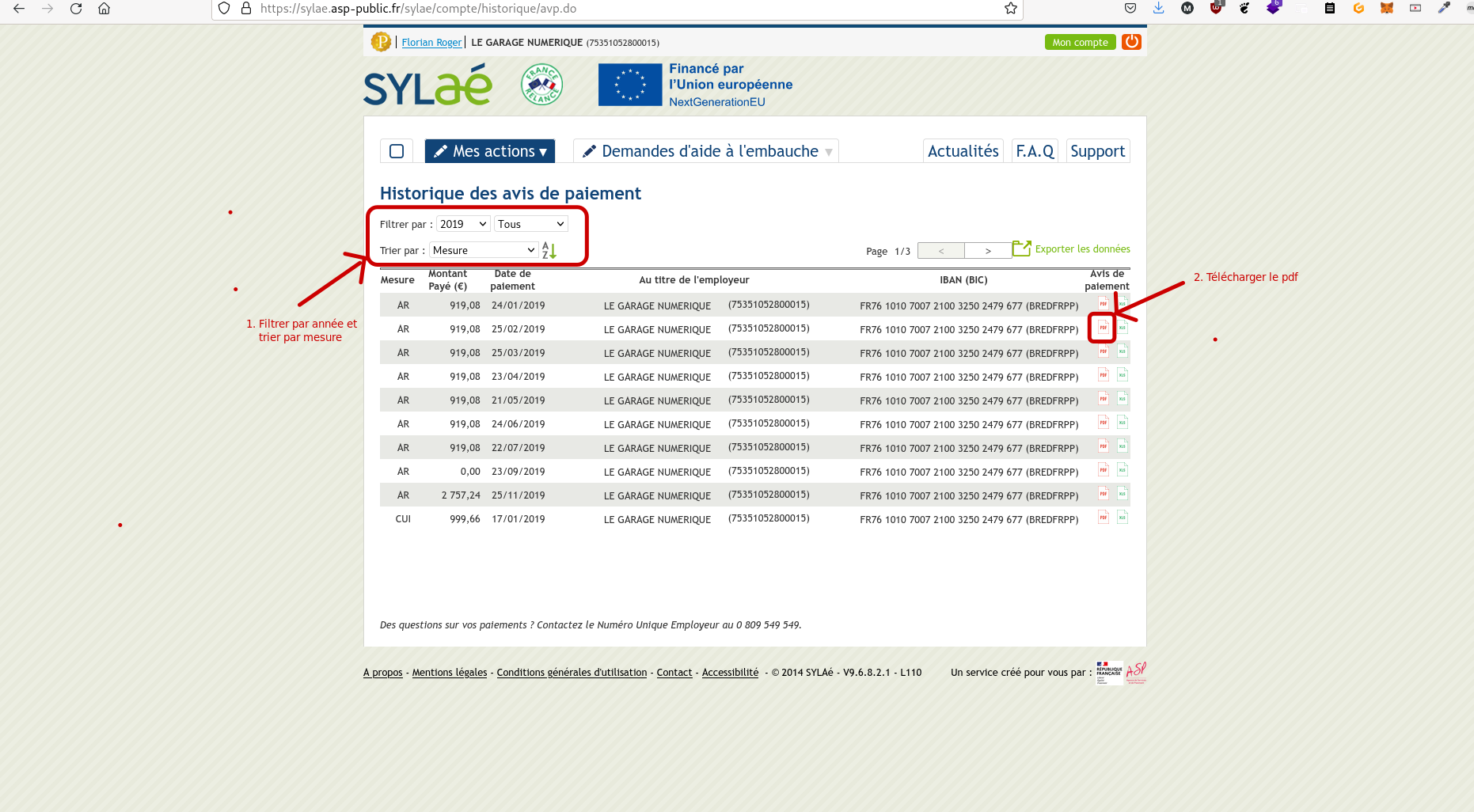 capture d'écran de la liste des avis de paiement dans Sylae, avec une flèche indiquant le bouton de tri, et une flèche indiquant le bouton de téléchargement du pdf