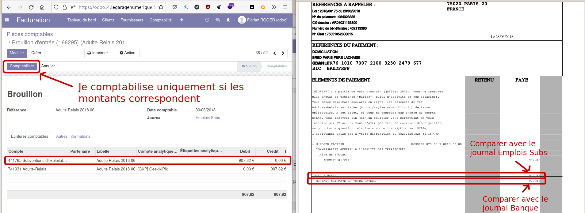 capture d'écran montrant, à gauche, la vue détaillée d'une pièce comptable dans Odoo avec un cadre autour du montant au débit et du compte de tiers 441, et à droite l'avis de paiement de l'asp avec le montant total à payer encadré