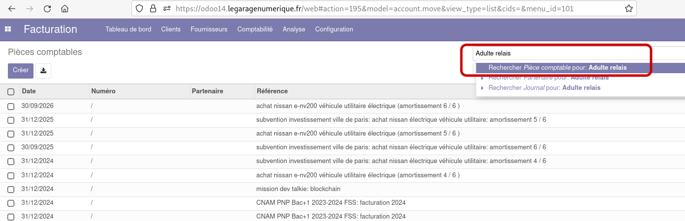 capture d'écran de la vue en liste des pièces comptables dans odoo, avec une mise en valeur du champ de filtre