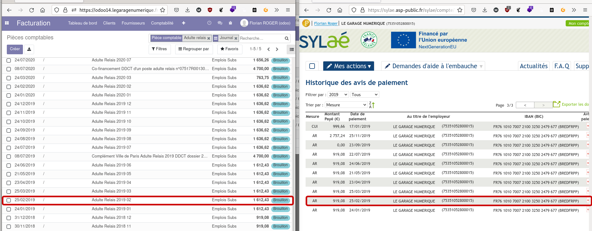 capture d'écran d'une vue avec odoo à gauche, vue des pièces comptables en liste, avec une ligne surlignée, qui correspond à la ligne surlignée dans la partie droite de la capture d'écran, dans laquelle on voit l'interface de Sylaé avec la liste des avis de paiement