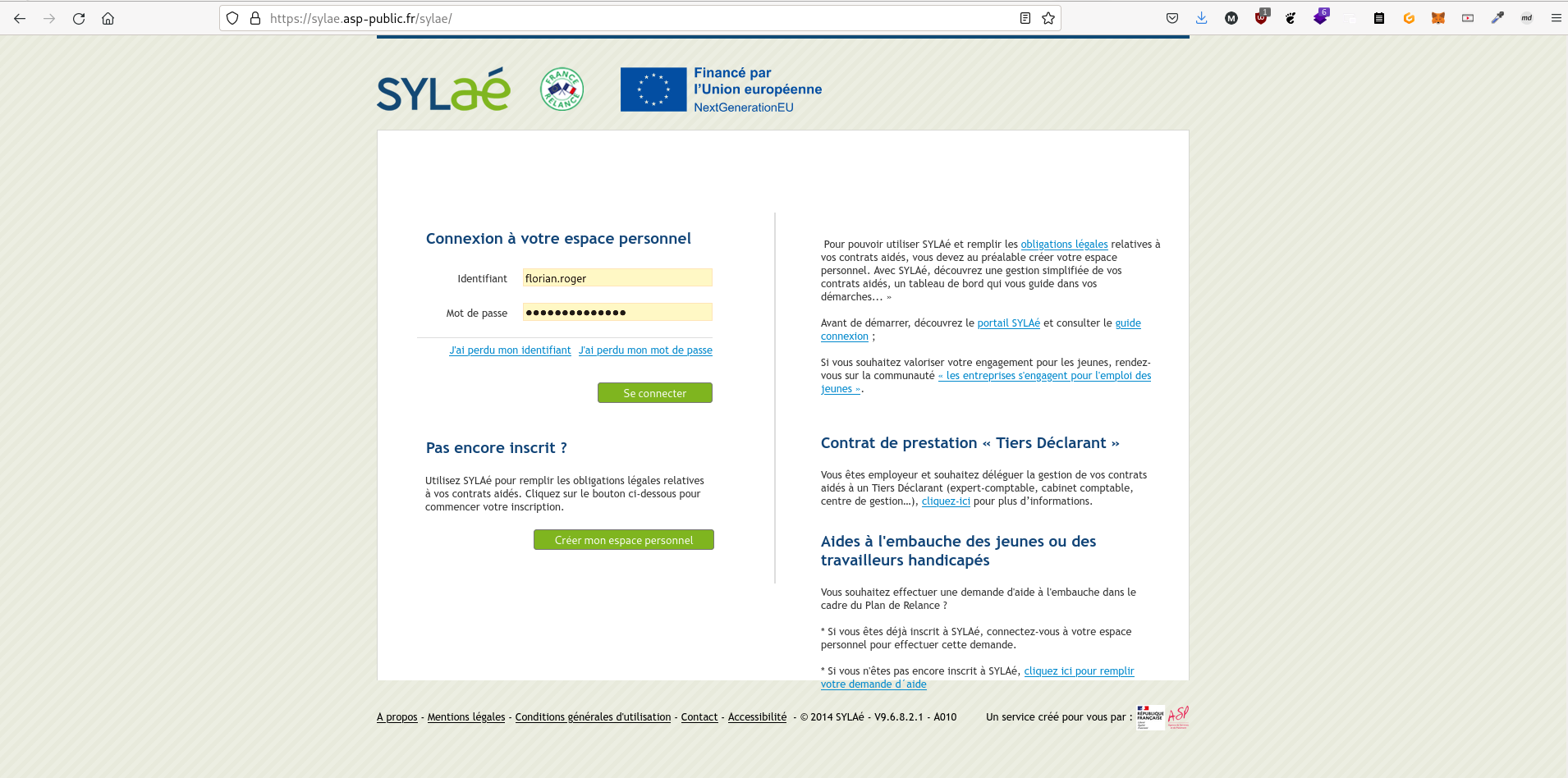 capture d'écran de l'écran de connexion du service SYLAE