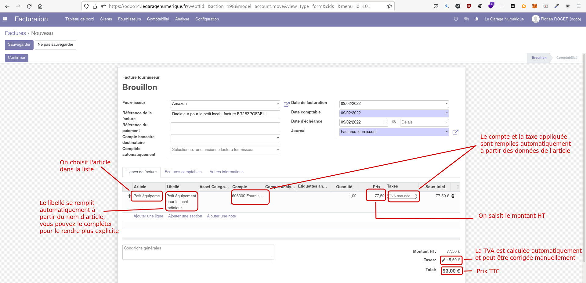 Capture d'écran du formulaire de saisie d'une facture dans Odoo, avec des explications sur les champs à saisir pour ajouter un article et calculer le montant