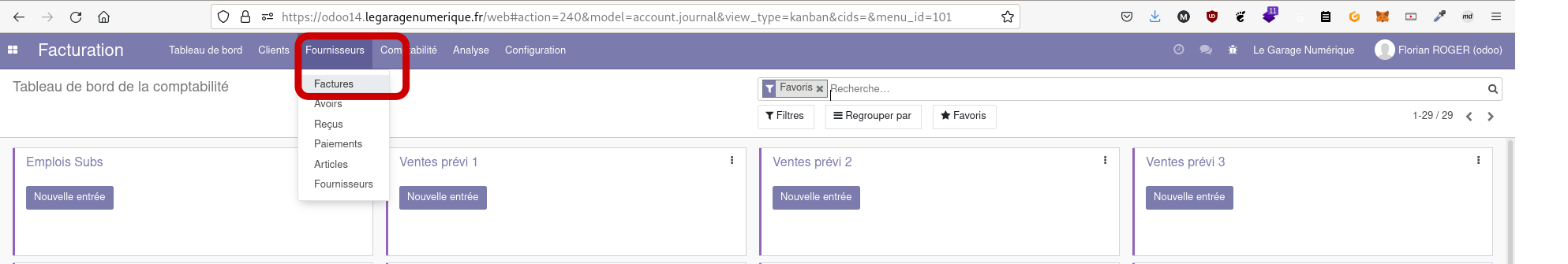 capture d'écran de la page d'accueil du menu facturation d'Odoo, avec un encadré rouge pour mettre en valeur le sous-menu Fournisseurs / factures