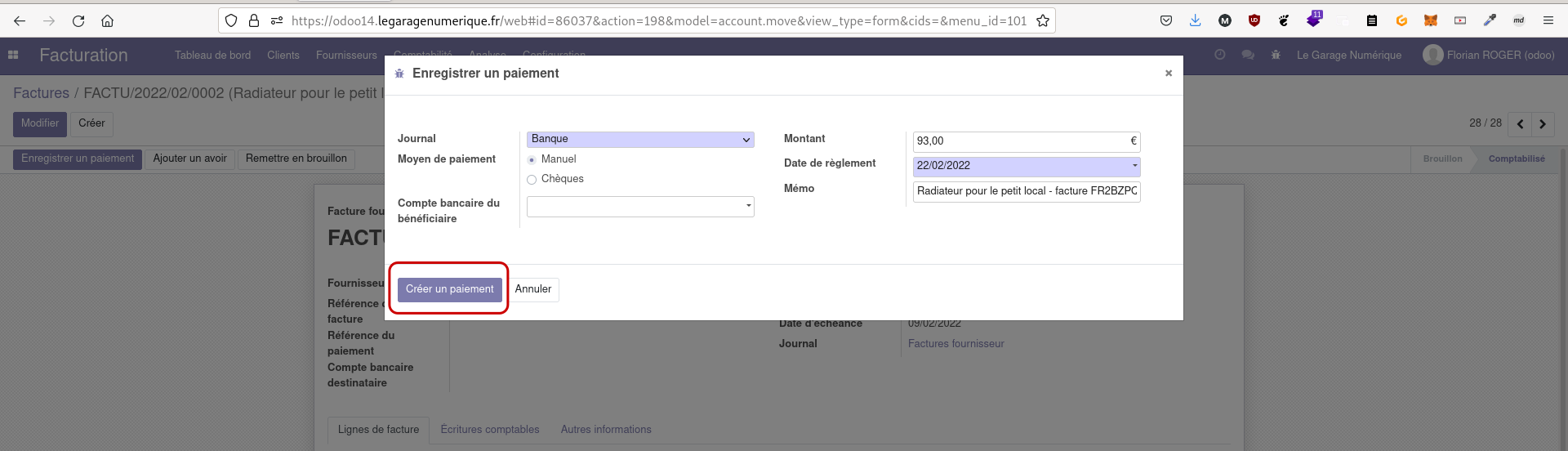 Capture d'écran du formulaire de saisie d'une facture dans Odoo, avec le fenêtre modale qui permet d'éditer un paiement associé