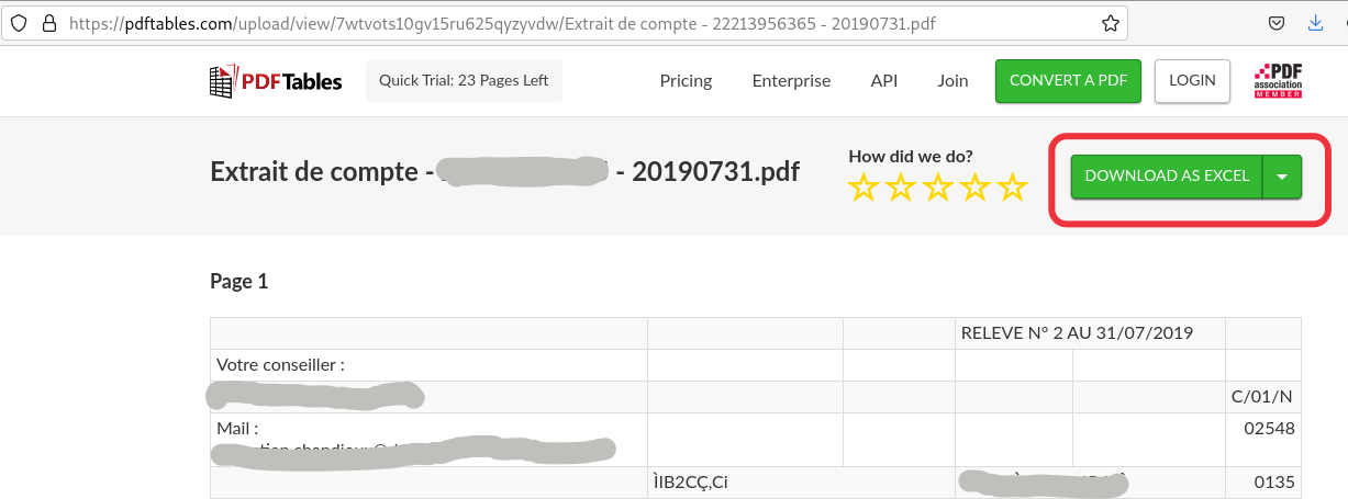 Page d'export du document sur pdftables.com, avec le bouton Télécharger mis en valeur