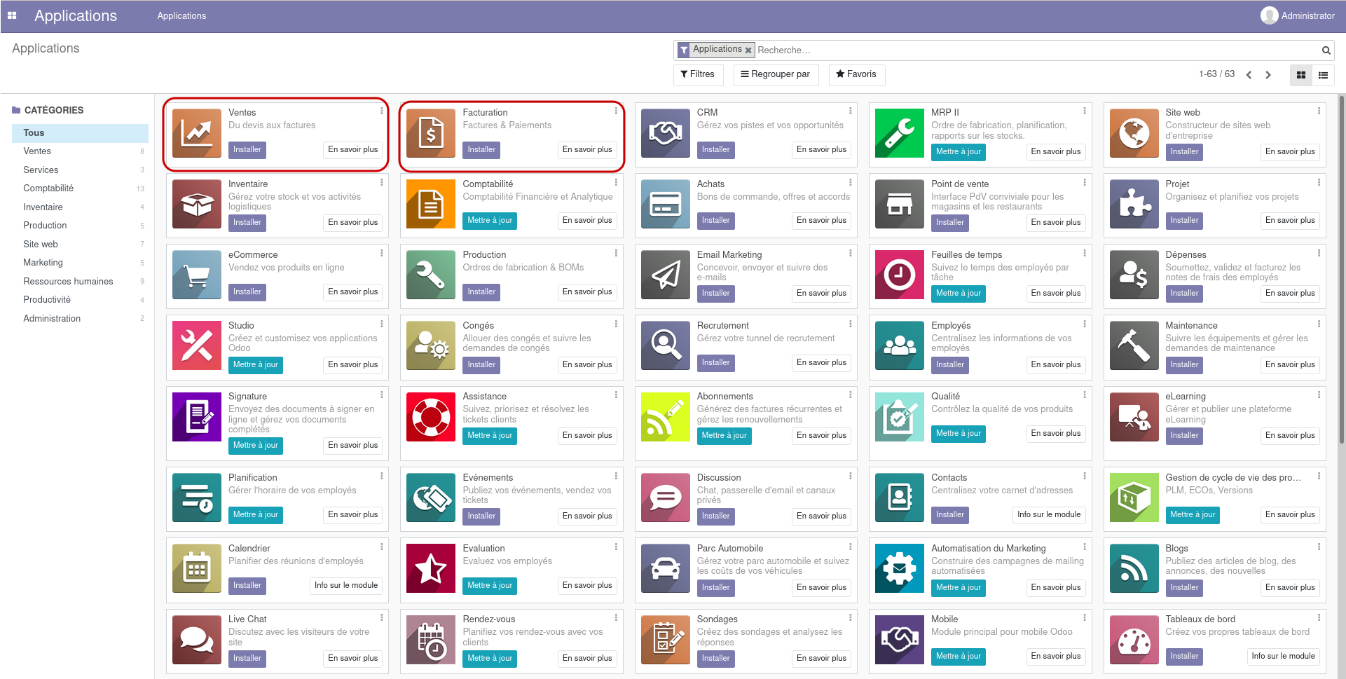 Page du magasin d'applications dans Odoo, avec les applications Vente et Facturation mises en valeur
