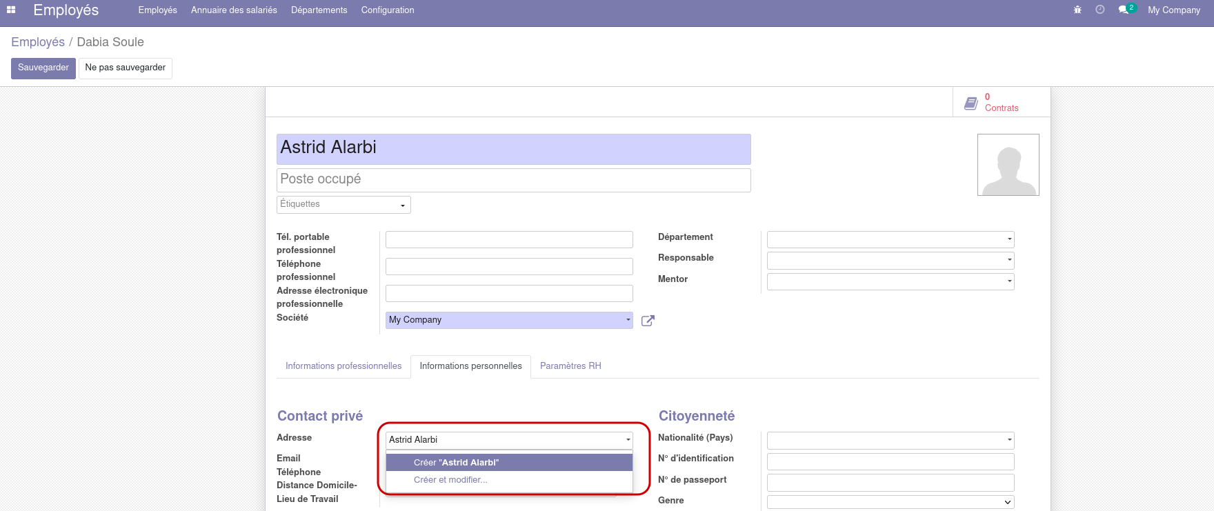 Capture d'écran de la fiche Employée, avec le menu de création d'adresse personnelle mis en valeur