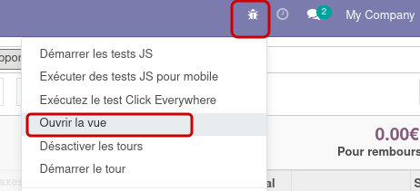 Capture d'écran montrant le bouton à cliquer pour ouvrir une vue depuis le menu développeur