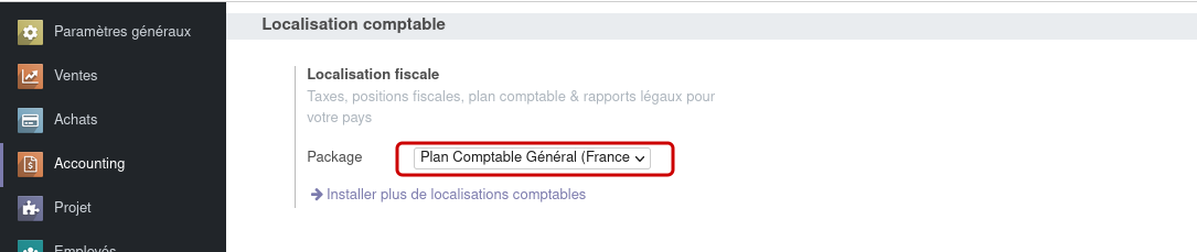 Capture d'écran du menu de configuration d'odoo avec le réglage du Plan Comptable mis en valeur