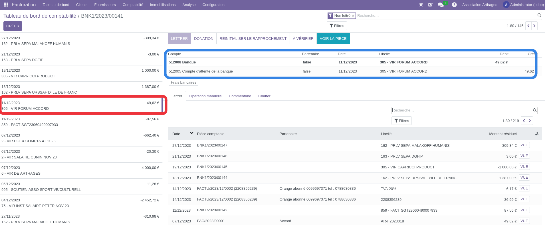 Capture d'écran de l'interface de lettrage, avec un surlignage sur la ligne de relevé sélectionnée