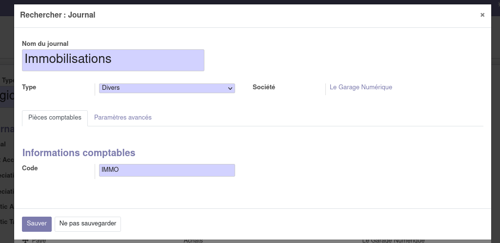 capture d'écran d'odoo 14, montrant le formulaire de création d'un journal, configuré pour les immobilisations