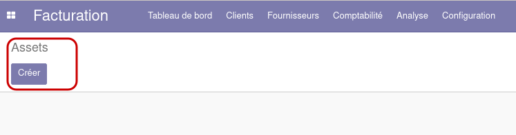 Capture d'écran d'odoo 14, montrant le bouton "créer" dans le menu des immobilisations