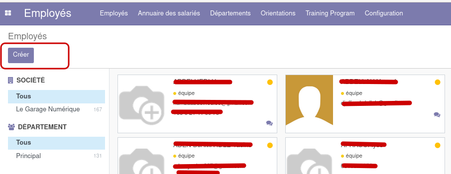 Capture d'écran montrant le bouton **Créer** dans l'application Employés