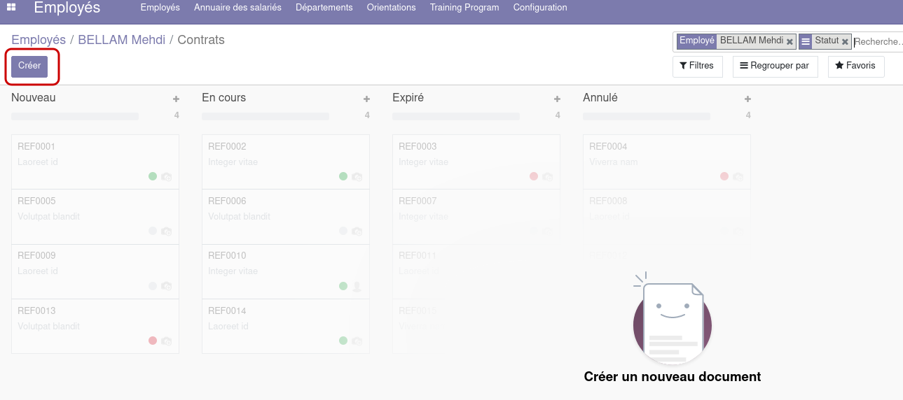 Capture d'écran montrant le bouton Créer dans l'interface listant les contrats de l'employé