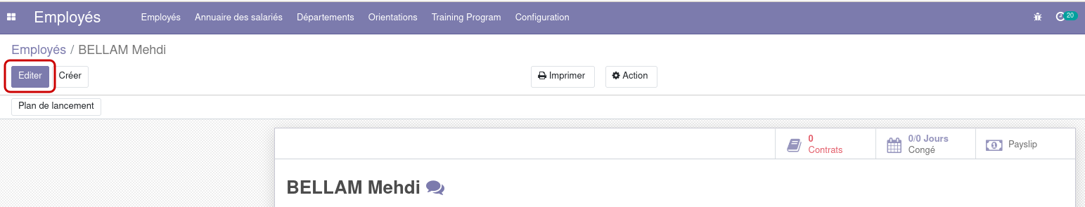 Capture d'écran montrant le bouton **Éditer** sur la fiche de l'employee
