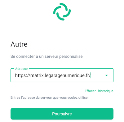 capture d'écran de l'écran de choix du mode de connexion dans Element