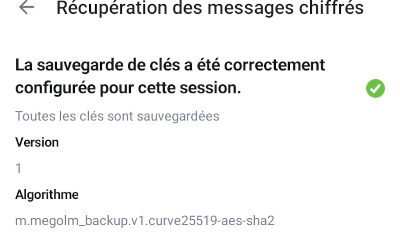 capture d'écran de l'écran de confirmation de la configuration de la sauvegarde de clés