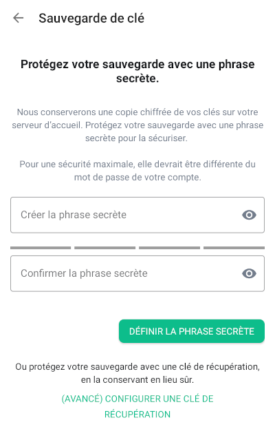 capture d'écran de l'écran de saisie et de confirmation de la passphrase