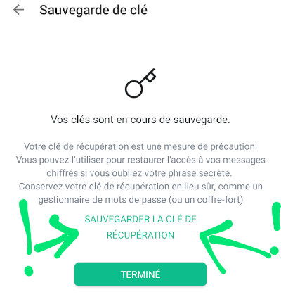 capture d'écran de l'écran de confirmation de la création de la passphrase, avec des flèches indiquant avec insistance l'emplacement du bouton permettant de sauvegarder la clé de récupération générée automatiquement