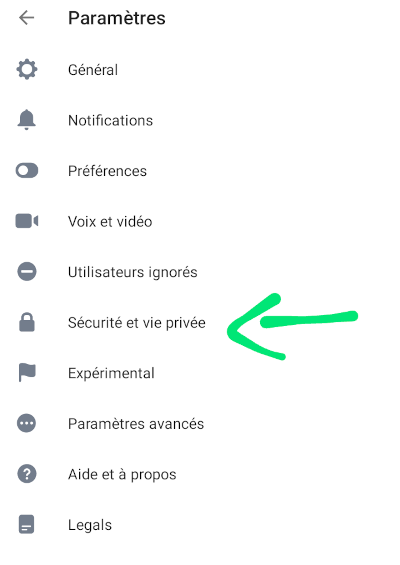 capture d'écran des catégories de paramètres, avec une flèche pour indiquer au milieu l'emplacement de la catégorie Sécurité et vie privée