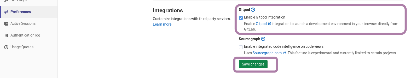 Options de gitlab pour activer l'intégration de gitpod