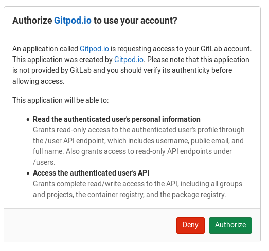 Fenetre d'autorisation de Gitpod dans Gitlab, bouton autoriser et refuser