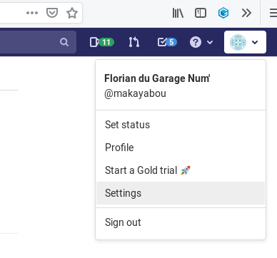 boite de dialogue de gitlab, pour accéder aux réglages utilisateurs