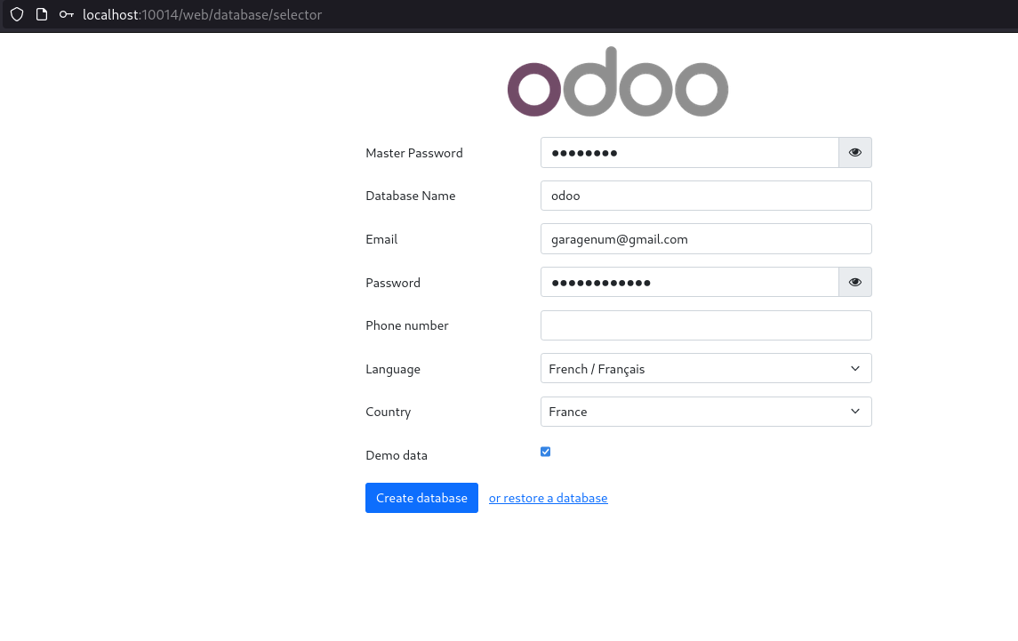 ScreenShot for first access to odoo instance, with a form for db configuration