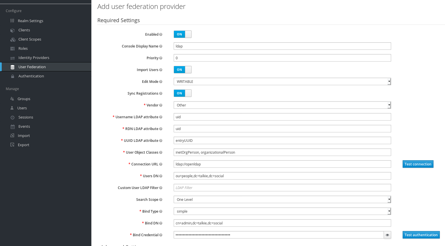 screenshot showing basic settings for user federation creation