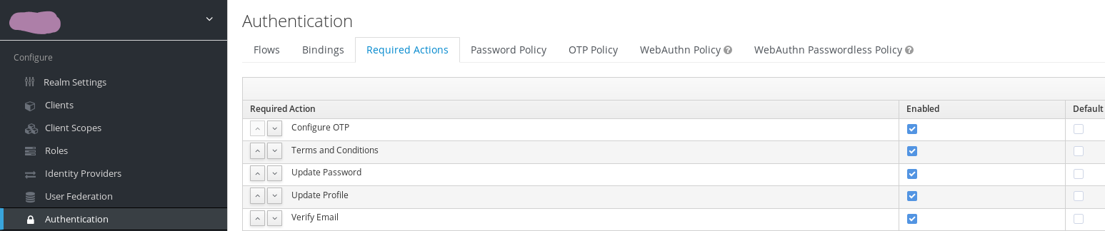 A screenshot of the Required Actions tab in Authentication, with Terms and conditions enabled